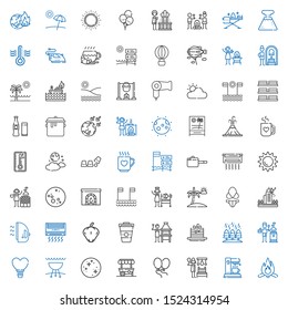 hot icons set. Collection of hot with bonfire, coffee maker, russian banya, balloons, food stand, mercury, grill, hot air balloon, stove, fire. Editable and scalable icons.