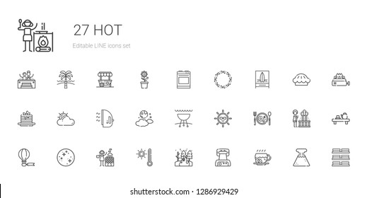 hot icons set. Collection of hot with coffee, waffle iron, fire, thermometer, hot stones, mercury, air balloon, breakfast, sun, grill, moon. Editable and scalable icons.