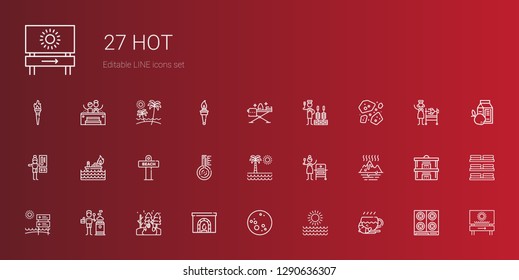 hot icons set. Collection of hot with coffee, sun, moon, chimney, fire, stove, beach, global warming, grill, thermometer, thermostat, asteroids. Editable and scalable hot icons.