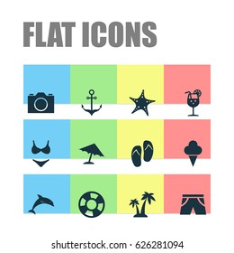Hot Icons Set. Collection Of Dinghy, Vitamin, Parasol And Other Elements. Also Includes Symbols Such As Suit, Camera, Cream.