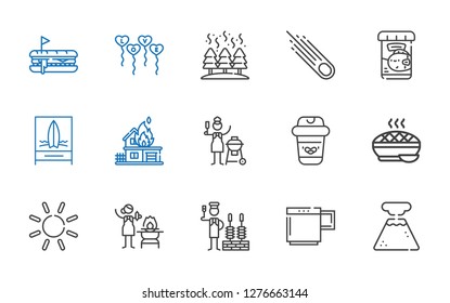 hot icons set. Collection of hot with geyser, mug, churrasco, fire, sun, pie, coffee, charcoal, beach, fish food, asteroid, balloons, hot dog. Editable and scalable hot icons.