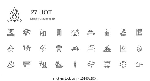 hot icons set. Collection of hot with grill, balloons, torch, bbq, churrasco, air conditioner, moon, fire, iron, tea, coffee, pot, chimney, stove. Editable and scalable hot icons.