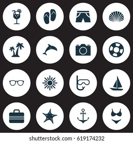 Hot Icons Set. Collection Of Mammal, Baggage, Trees And Other Elements. Also Includes Symbols Such As Palms, Starfish, Sunshades.