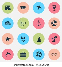 Hot Icons Set. Collection Of Melon, Dinghy, Baggage And Other Elements. Also Includes Symbols Such As Swimming, Shorts, Armature.