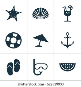 Hot Icons Set. Collection Of Melon, Parasol, Star And Other Elements. Also Includes Symbols Such As Mask, Shell, Drink.