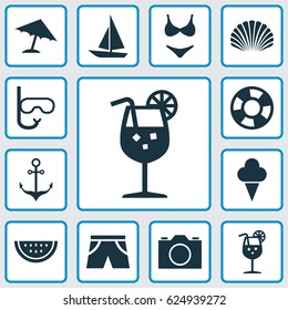 Hot Icons Set. Collection Of Melon, Bikini, Conch And Other Elements. Also Includes Symbols Such As Photo, Ice, Camera.