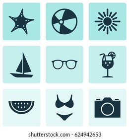 Hot Icons Set. Collection Of Melon, Goggles, Vitamin And Other Elements. Also Includes Symbols Such As Juice, Photo, Ship.