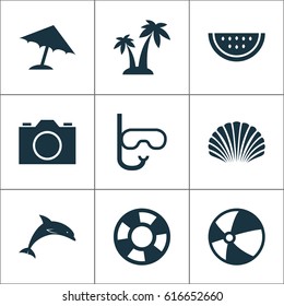 Hot Icons Set. Collection Of Parasol, Mammal, Conch And Other Elements. Also Includes Symbols Such As Sea, Dolphin, Ball.