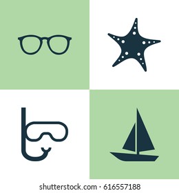 Hot Icons Set. Collection Of Ship, Tube, Goggles And Other Elements. Also Includes Symbols Such As Swimming, Star, Sunshades.