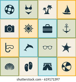 Hot Icons Set. Collection Of Ship, Trees, Baggage And Other Elements. Also Includes Symbols Such As Palms, Shorts, Anchor.