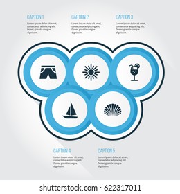 Hot Icons Set. Collection Of Ship, Vitamin, Conch And Other Elements. Also Includes Symbols Such As Conch, Sunny, Boat.