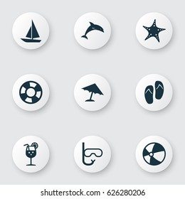 Hot Icons Set. Collection Of Ship, Parasol, Dinghy And Other Elements. Also Includes Symbols Such As Starfish, Circle, Ship.