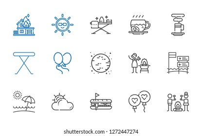 hot icons set. Collection of hot with smore, balloon, hot dog, cloudy, beach, fire, moon, balloons, iron table, coffee cup, coffee, ironing, sun. Editable and scalable hot icons.