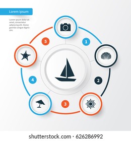 Hot Icons Set. Collection Of Star, Ship, and Other Elements. Also Includes Symbols Such As Sun, Shell, Star.