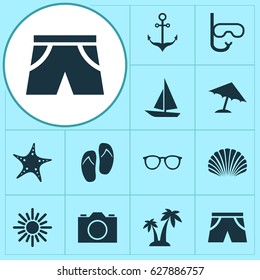 Hot Icons Set. Collection Of Star, Sunny, Trees And Other Elements. Also Includes Symbols Such As Sea, Sun, Tube.