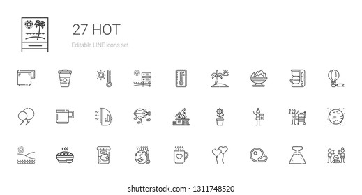 hot icons set. Collection of hot with steaks, ballons, drink, global warming, fish food, pie, beach, charcoal, pot, fire, zeppelin, iron, mug. Editable and scalable hot icons.