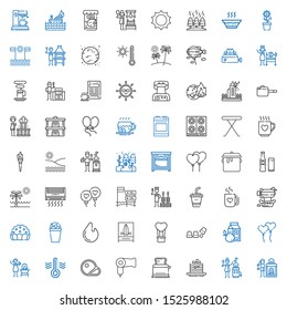 hot icons set. Collection of hot with hot stones, pancakes, toaster, hairdryer, steaks, thermometer, fire, ballons, breakfast, cup, air balloon. Editable and scalable icons.