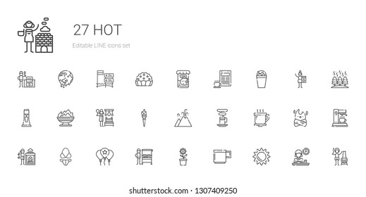 hot icons set. Collection of hot with sun, mug, pot, burning grill, balloon, bikini, hot stones, coffee cup, eruption, torch, russian banya, fire. Editable and scalable icons.