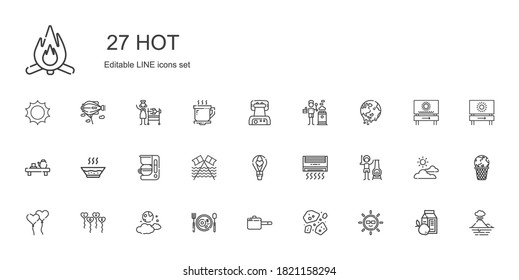 hot icons set. Collection of hot with sun, asteroids, pan, breakfast, moon, balloons, ballons, chimney, air conditioner, hot air balloon, beach. Editable and scalable icons.