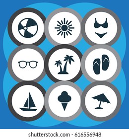 Hot Icons Set. Collection Of Sweets, Sunny, Forceps And Other Elements. Also Includes Symbols Such As Sea, Ball, Ice.