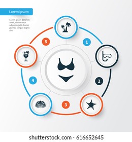 Hot Icons Set. Collection Of Trees, Vitamin, Bikini And Other Elements. Also Includes Symbols Such As Suit, Star, Conch.