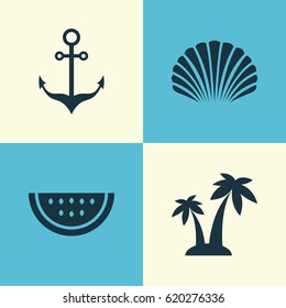 Hot Icons Set. Collection Of Trees, Melon, Armature And Other Elements. Also Includes Symbols Such As Shell, Cocos, Watermelon.