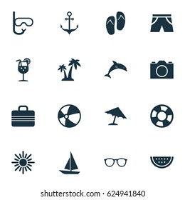 Hot Icons Set. Collection Of Trees, Ship, Parasol And Other Elements. Also Includes Symbols Such As Sunshades, Goggles, Palms.