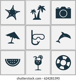 Hot Icons Set. Collection Of Vitamin, Trees, Mammal And Other Elements. Also Includes Symbols Such As Video, Camera, Cocos.