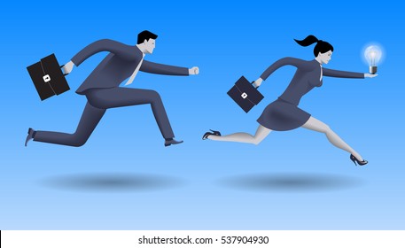 Hot idea business concept. Confident businessman in business suit with case chases business woman with light bulb in her hand. Vector illustration.