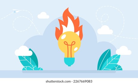 Una idea candente. Concepto de nueva idea, pensamiento creativo, lluvia de ideas, resolución de problemas interesantes, idea de negocio, inicio. Resumen de la bombilla amarilla con el icono de fuego rojo. Ilustración vectorial plana