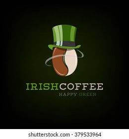 Hot irish coffee bean gentleman classic in a green top hat vector illustration isolated over black background