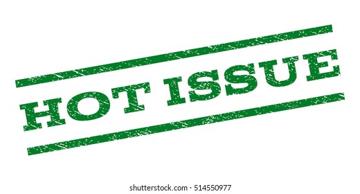 Hot Issue watermark stamp. Text tag between parallel lines with grunge design style. Rubber seal stamp with scratched texture. Vector green color ink imprint on a white background.
