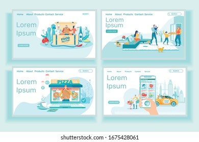 Hot Italian Pizza Delivery Landing Page Templates. Courier Delivering Fast Food to Home Cartoon Illustration. Pizza Type Choosing Online. Eco Veggies Internet Market Web Banner Flat Vector Layouts Set