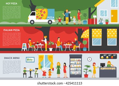 Hot Italian Pizza and Snack Menu flat concept web vector illustration. People, Visitors, Waiters, Deliveryman, Car. Pizzeria Restaurant interior presentation.