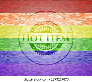 Hot Item emblem on mosaic background with the colors of the LGBT flag