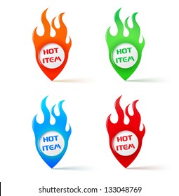 hot item pointers with fire in green red orange and blue colors on white eps10 illustration