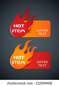 hot item stickers with fire on dark background eps10 illustration