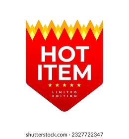 Hot item text vector with flame shield sign design. Typography for icon, logo, sign, seal, symbol, badge, stamp, sticker, etc.
