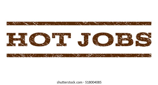 Hot Jobs watermark stamp. Text tag between horizontal parallel lines with grunge design style. Rubber seal stamp with unclean texture. Vector brown color ink imprint on a white background.