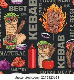 Hot kebab colorful seamless pattern with Arabic street food of meat and vegetables with sauce wrapped in lavash vector illustration