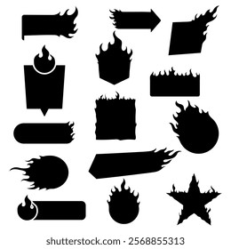 Hot Label vector black. Fire label set.  Flame sale tag.