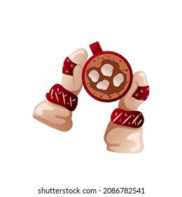 A hot large cup of cocoa with marshmallows in their hands, wearing warm knitted mittens and a sweater. Cartoon vector illustration isolated on white background