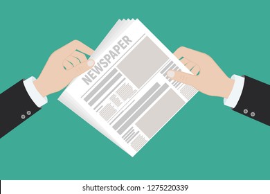 Hot latest news. Businessman hands holding magnifying glass over a newspaper with titles and photo. Top view. Vector illustration