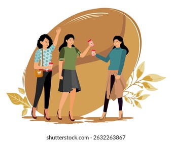 Hot Latte Concept. A group of women are engaged in casual conversation and enjoying Hot Latte drinks against an artistic autumn backdrop, symbolizing togetherness.