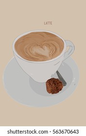 Hot Latte with cookie , Hand drawn illustration vector . latte art concept.