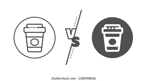 Hot latte cup sign. Versus concept. Takeaway coffee line icon. Tea drink mug symbol. Line vs classic takeaway coffee icon. Vector