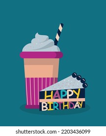  Hot latte in a disposable cup garnished with a whipped cream lid and Slice Cake Happy Birthday