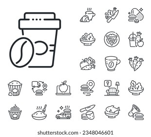 Hot latte sign. Crepe, sweet popcorn and salad outline icons. Takeaway coffee line icon. Tea drink mug symbol. Takeaway coffee line sign. Pasta spaghetti, fresh juice icon. Supply chain. Vector