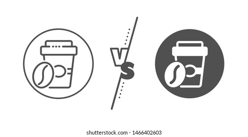 Hot latte sign. Versus concept. Takeaway coffee line icon. Tea drink mug symbol. Line vs classic takeaway coffee icon. Vector