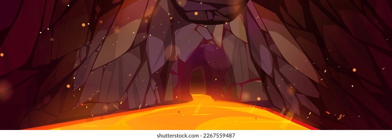 Hot lava river in dark cave. Vector cartoon illustration of underground landscape or rocky mountain interior with flow of red and orange magma between stone walls. Volcano adventure game background